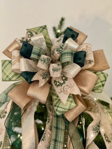 Green & Gold Trees & Reindeer Christmas Tree Topper Bow