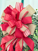 Beige, Red & White Farmhouse Bow