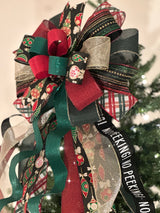 Black, Red, Green & Gold Ornaments, Plaid & No Peeking Christmas Tree Topper Bow - Emerald's Avenue