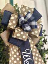 Blue, Beige & White Welcome Bow - Emerald's Avenue