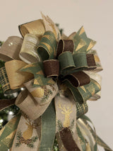 Green & Gold Trees & Reindeer Christmas Tree Topper Bow - Emerald's Avenue