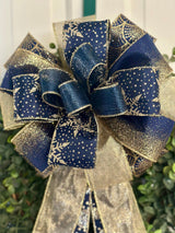 Navy Blue & Gold Snowflakes Christmas Bow - Emerald's Avenue