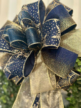 Navy Blue & Gold Snowflakes Christmas Bow - Emerald's Avenue