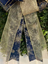 Navy Blue & Gold Snowflakes Christmas Bow - Emerald's Avenue