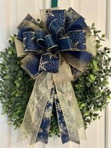 Navy Blue & Gold Snowflakes Christmas Bow - Emerald's Avenue