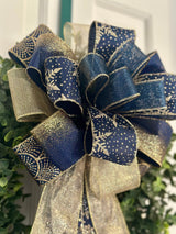 Navy Blue & Gold Snowflakes Christmas Bow - Emerald's Avenue