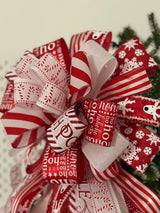 Red & White North Pole Christmas Tree Topper Bow - Emerald's Avenue
