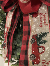 Farmhouse Buffalo Plaid Christmas Bow w/ Vintage Trucks - Emerald's Avenue