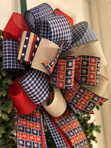 Red, Beige & Blue, Lots of Stars for You Bow - Emerald's Avenue
