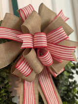 Red & White Striped Farmhouse Christmas Bow - Emerald's Avenue