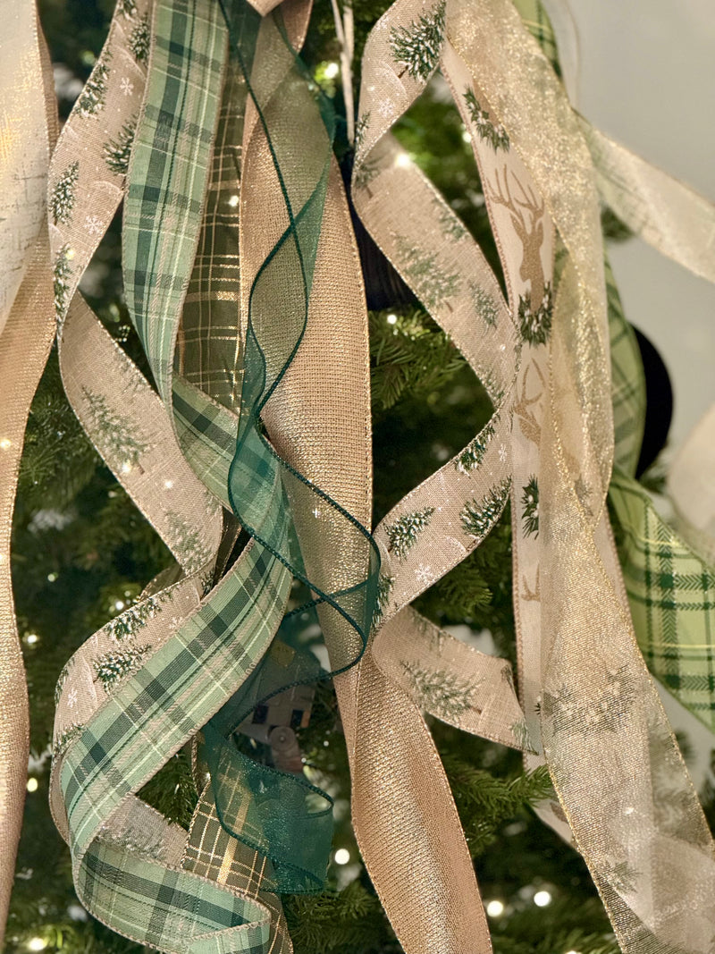 Green & Gold Trees & Reindeer Christmas Tree Topper Bow