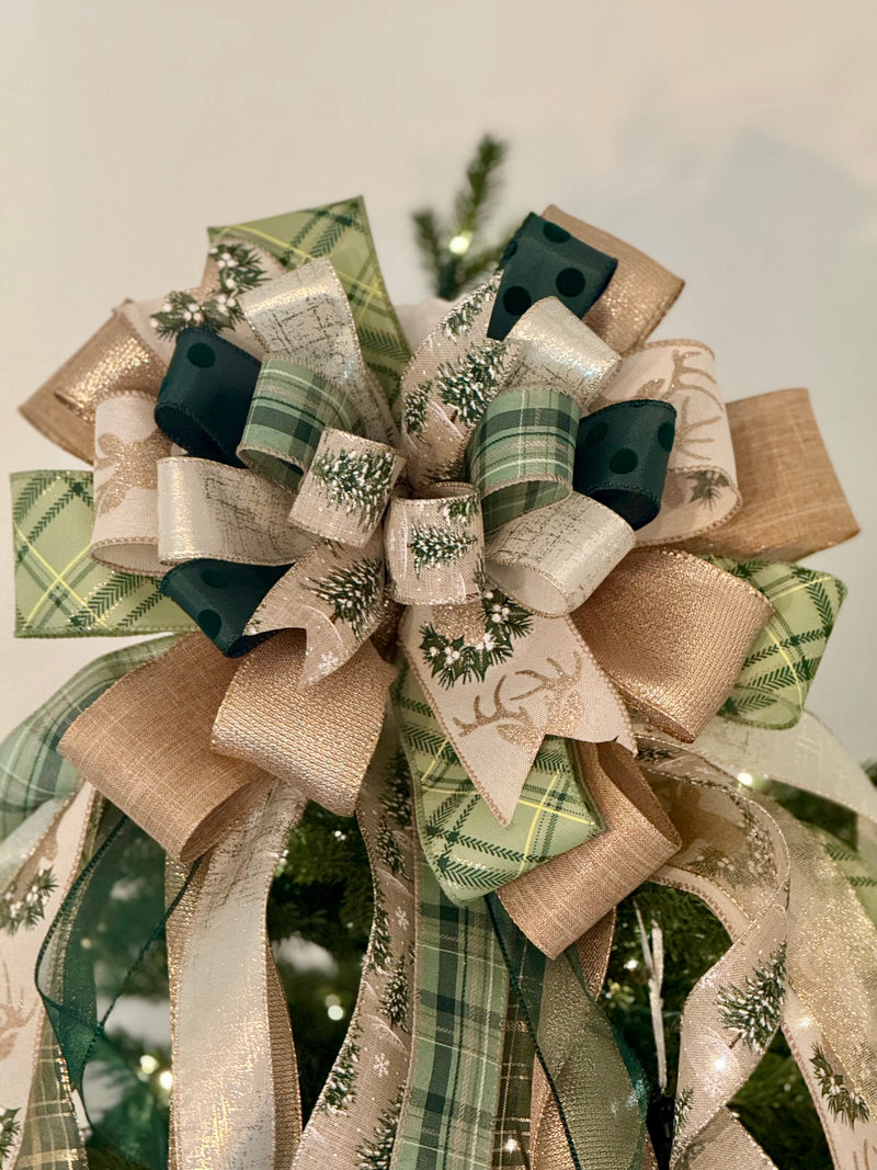 Green & Gold Trees & Reindeer Christmas Tree Topper Bow