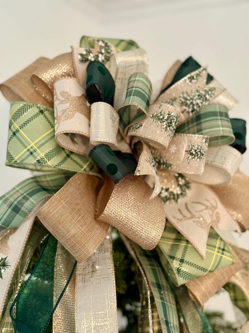 Green & Gold Trees & Reindeer Christmas Tree Topper Bow