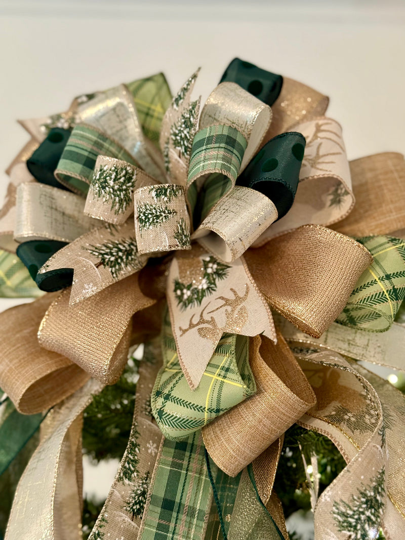 Green & Gold Trees & Reindeer Christmas Tree Topper Bow