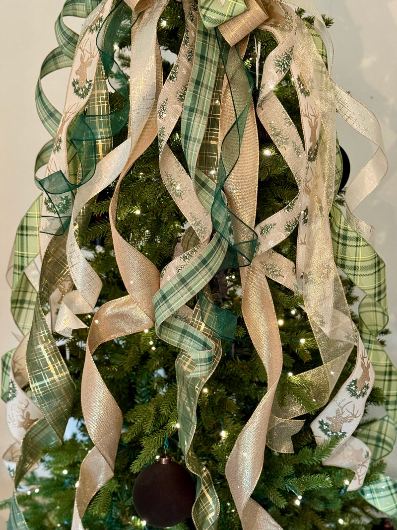 Green & Gold Trees & Reindeer Christmas Tree Topper Bow