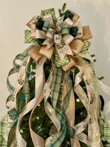 Green & Gold Trees & Reindeer Christmas Tree Topper Bow