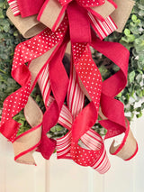 Beige, Red & White Farmhouse Bow
