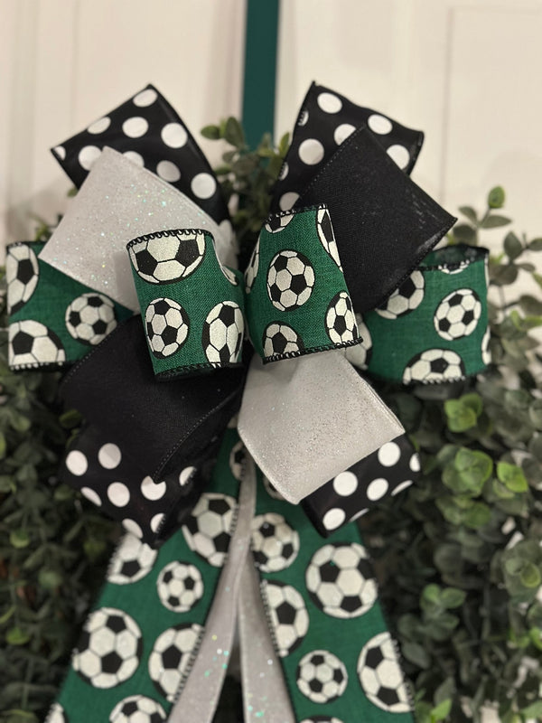 Black, Green & White Soccer Bow - Emerald's Avenue