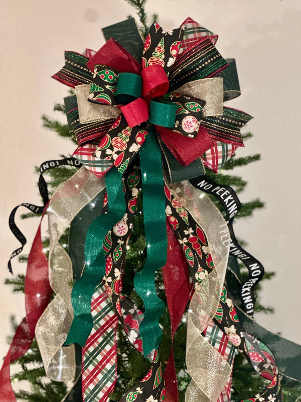 Black, Red, Green & Gold Ornaments, Plaid & No Peeking Christmas Tree Topper Bow - Emerald's Avenue