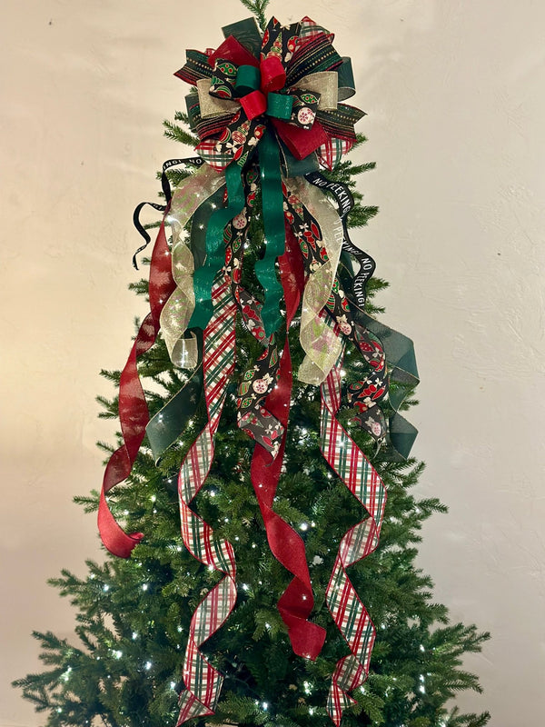 Black, Red, Green & Gold Ornaments, Plaid & No Peeking Christmas Tree Topper Bow - Emerald's Avenue