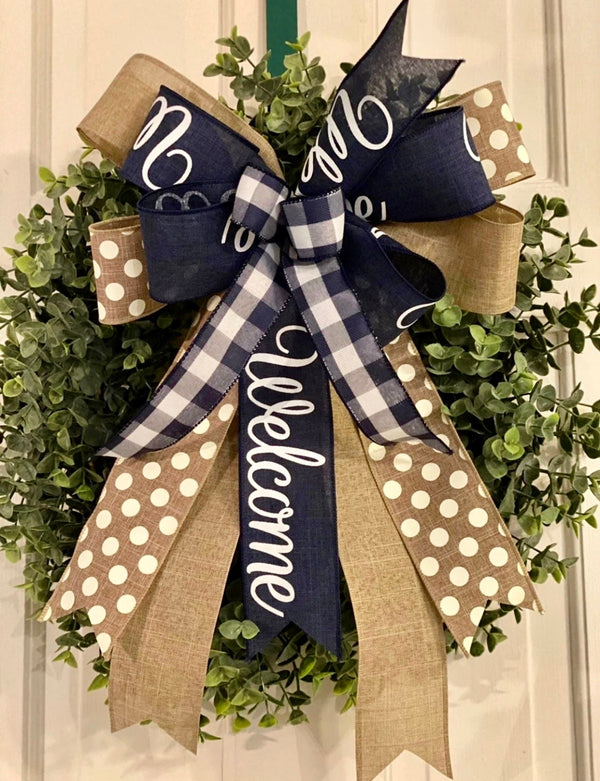 Blue, Beige & White Welcome Bow - Emerald's Avenue