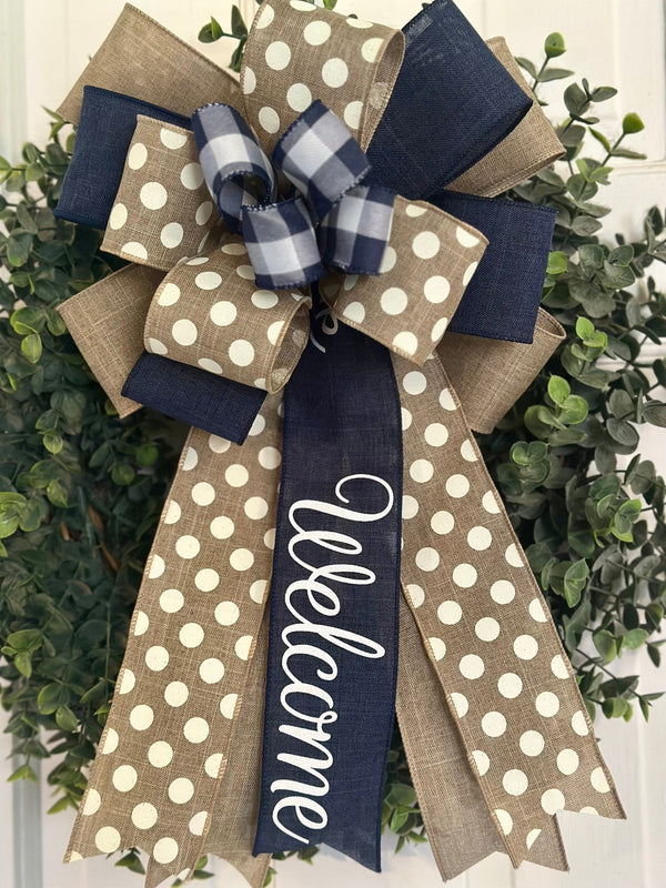 Blue, Beige & White Welcome Bow - Emerald's Avenue