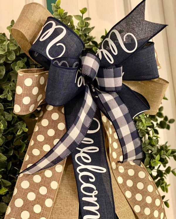 Blue, Beige & White Welcome Bow - Emerald's Avenue