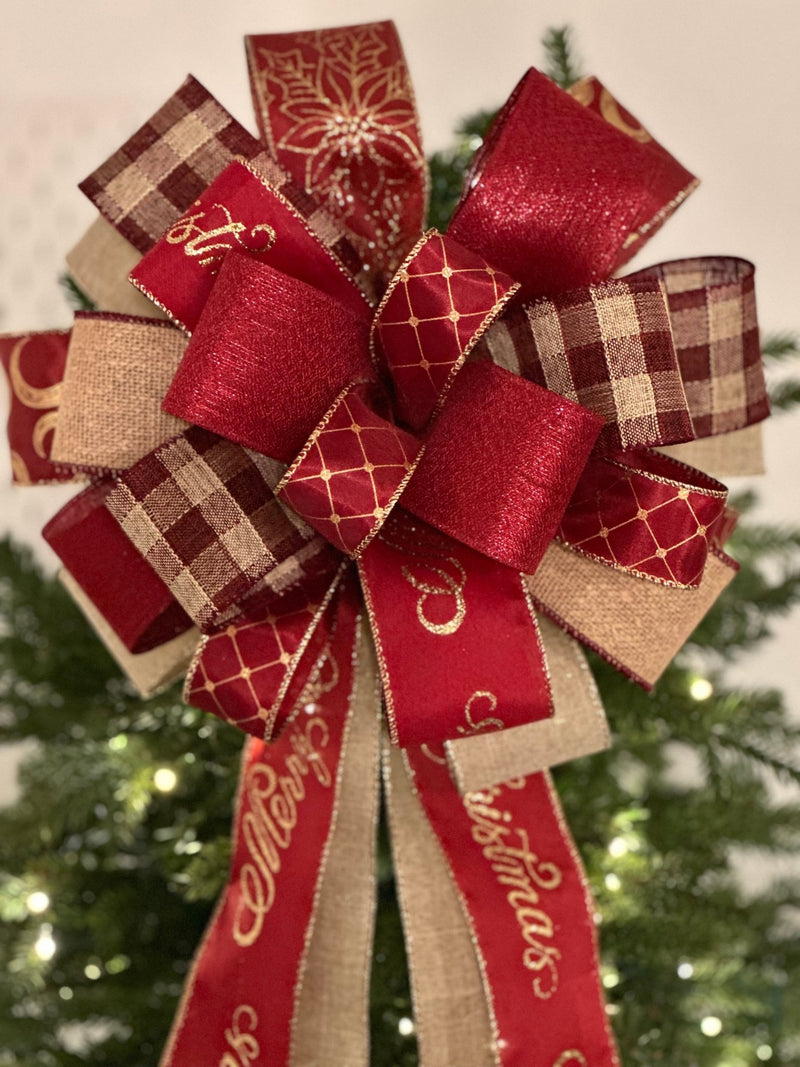 Burgundy & Beige Tree Topper Bow - Emerald's Avenue