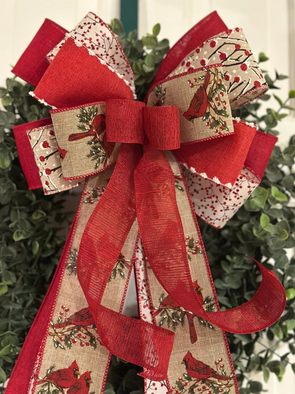 Cardinals & Red Berries Christmas Bow - Emerald's Avenue