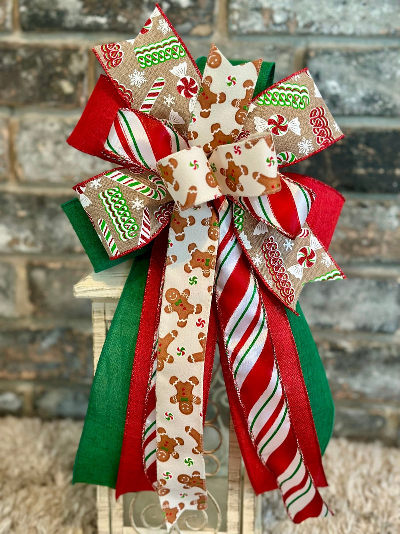 Gingerbread & Candy Cane Christmas Lantern Bow - Emerald's Avenue