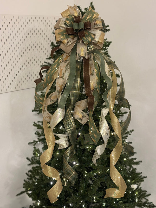 Green & Gold Trees & Reindeer Christmas Tree Topper Bow - Emerald's Avenue