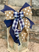 Navy Blue, Beige & White Farmhouse Lantern Bow - Emerald's Avenue