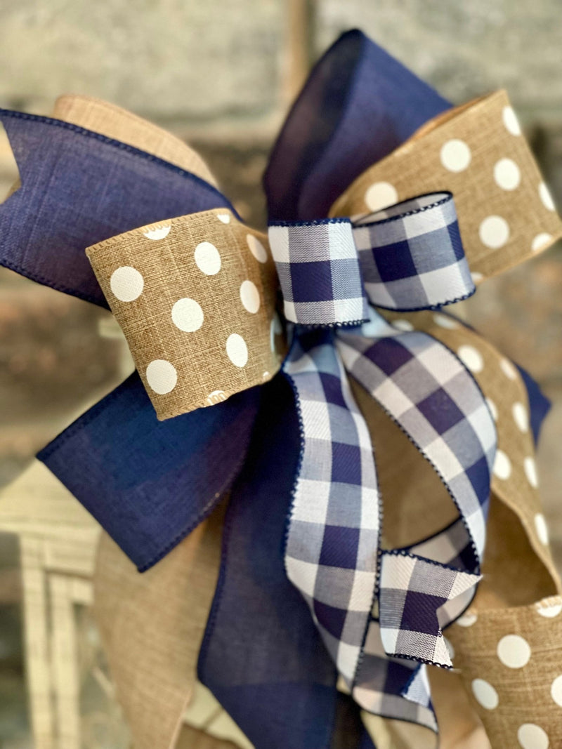 Navy Blue, Beige & White Farmhouse Lantern Bow - Emerald's Avenue