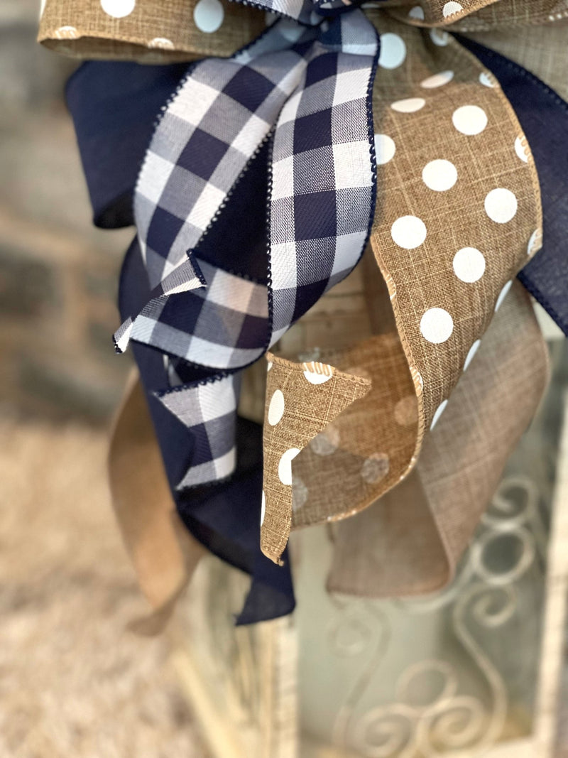 Navy Blue, Beige & White Farmhouse Lantern Bow - Emerald's Avenue