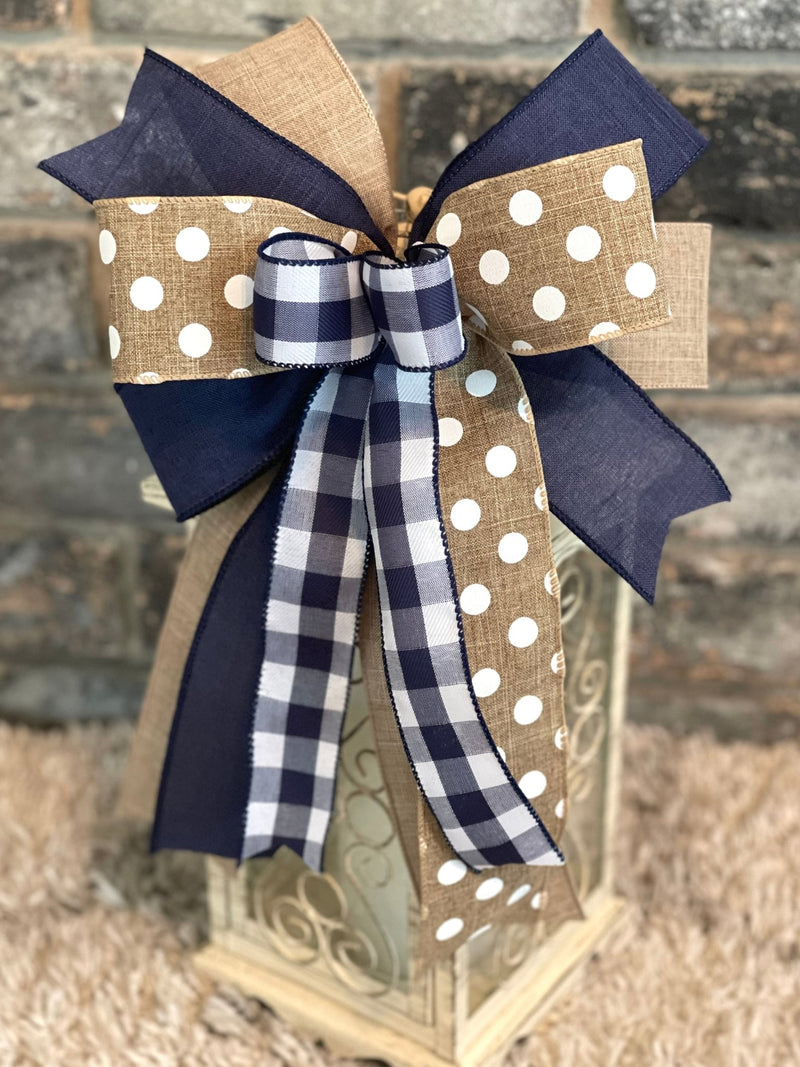 Navy Blue, Beige & White Farmhouse Lantern Bow - Emerald's Avenue