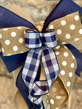 Navy Blue, Beige & White Farmhouse Lantern Bow - Emerald's Avenue