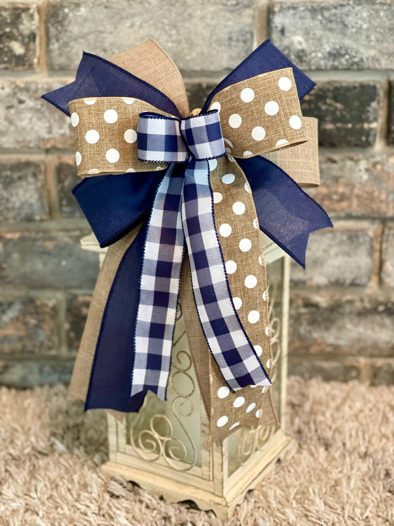 Navy Blue, Beige & White Farmhouse Lantern Bow - Emerald's Avenue