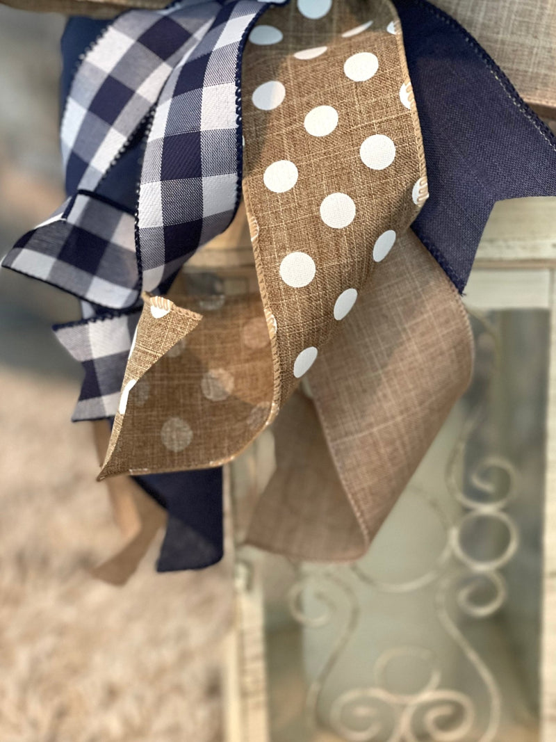 Navy Blue, Beige & White Farmhouse Lantern Bow - Emerald's Avenue