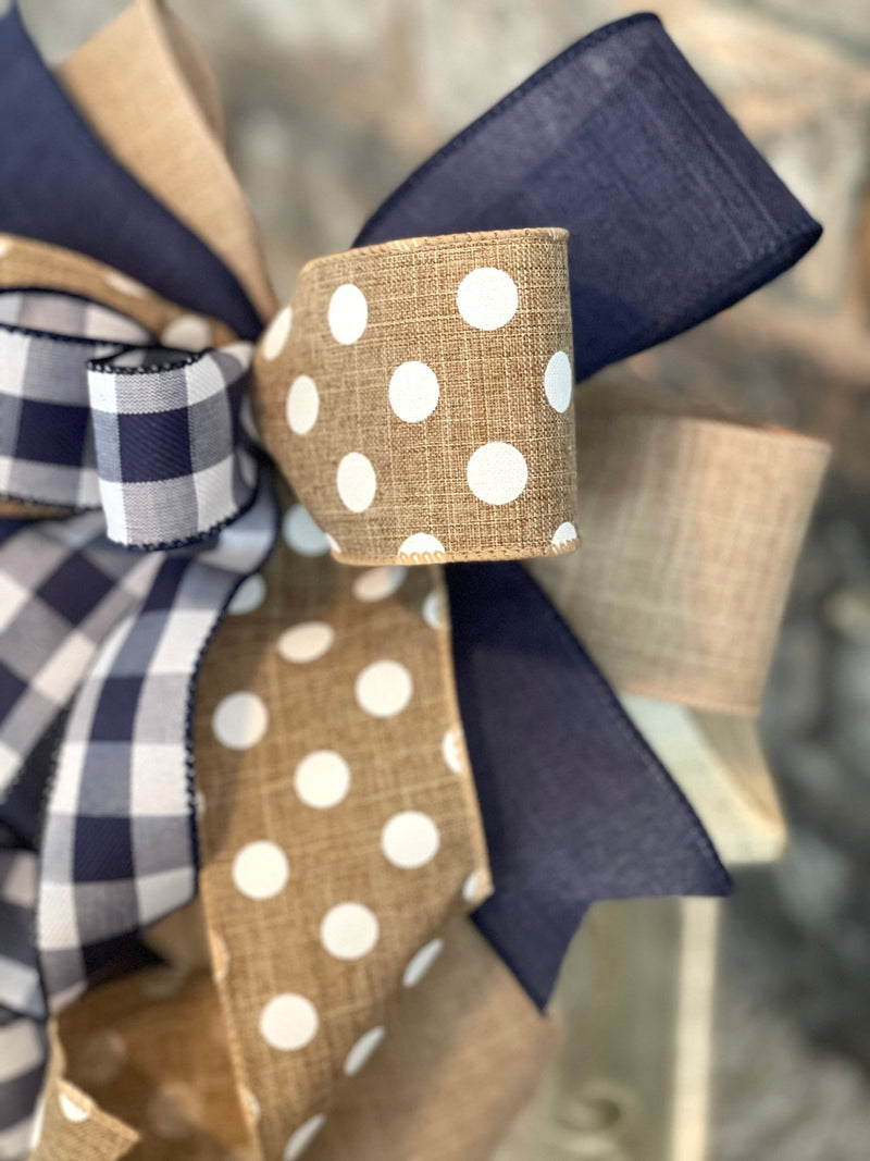 Navy Blue, Beige & White Farmhouse Lantern Bow - Emerald's Avenue