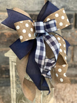 Navy Blue, Beige & White Farmhouse Lantern Bow - Emerald's Avenue