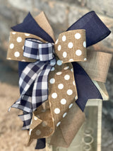 Navy Blue, Beige & White Farmhouse Lantern Bow - Emerald's Avenue