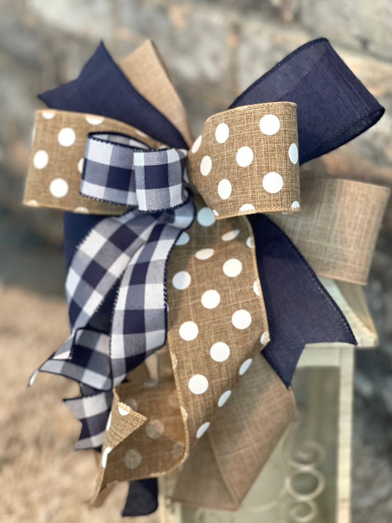 Navy Blue, Beige & White Farmhouse Lantern Bow - Emerald's Avenue