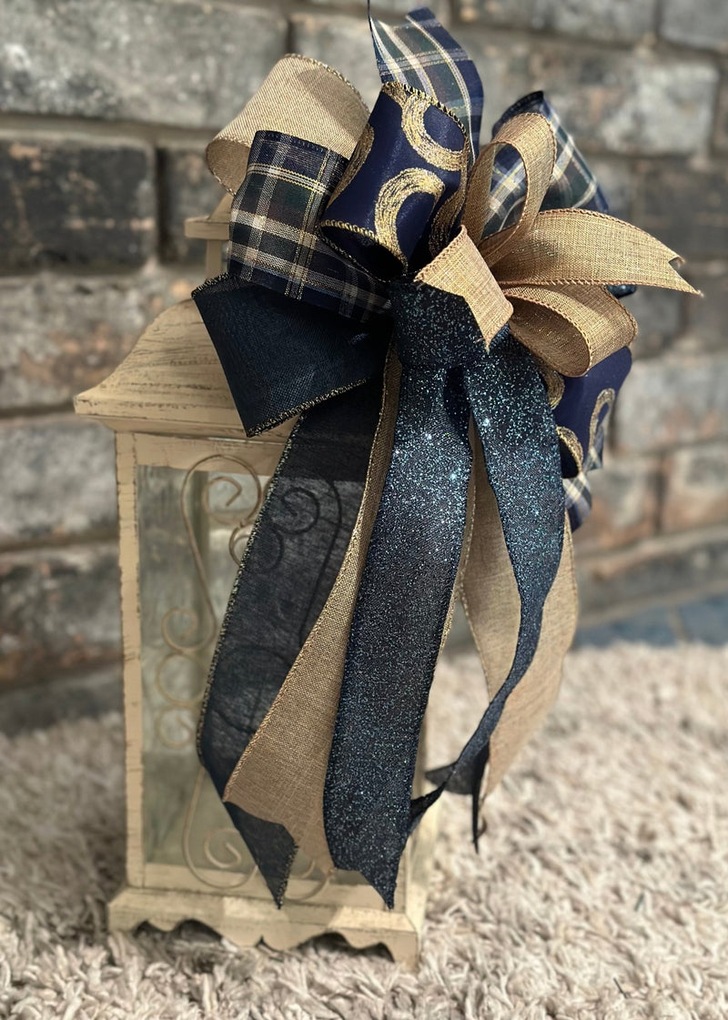 Navy Blue & Gold Christmas Lantern Bow - Emerald's Avenue