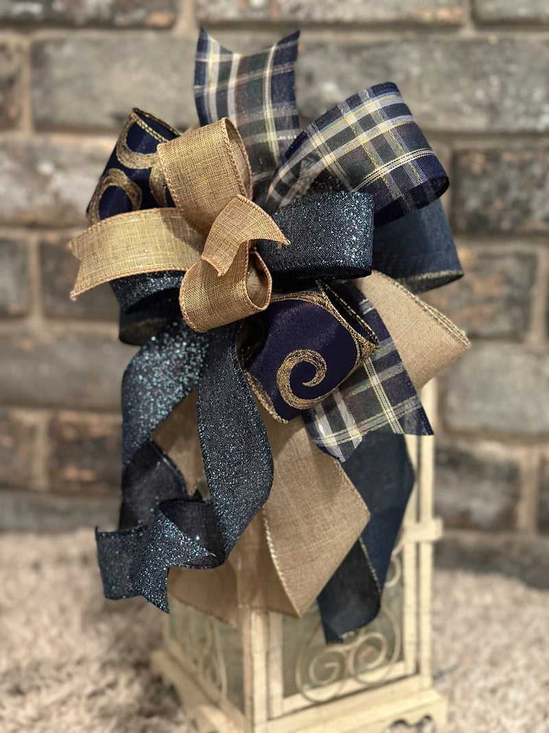 Navy Blue & Gold Christmas Lantern Bow - Emerald's Avenue