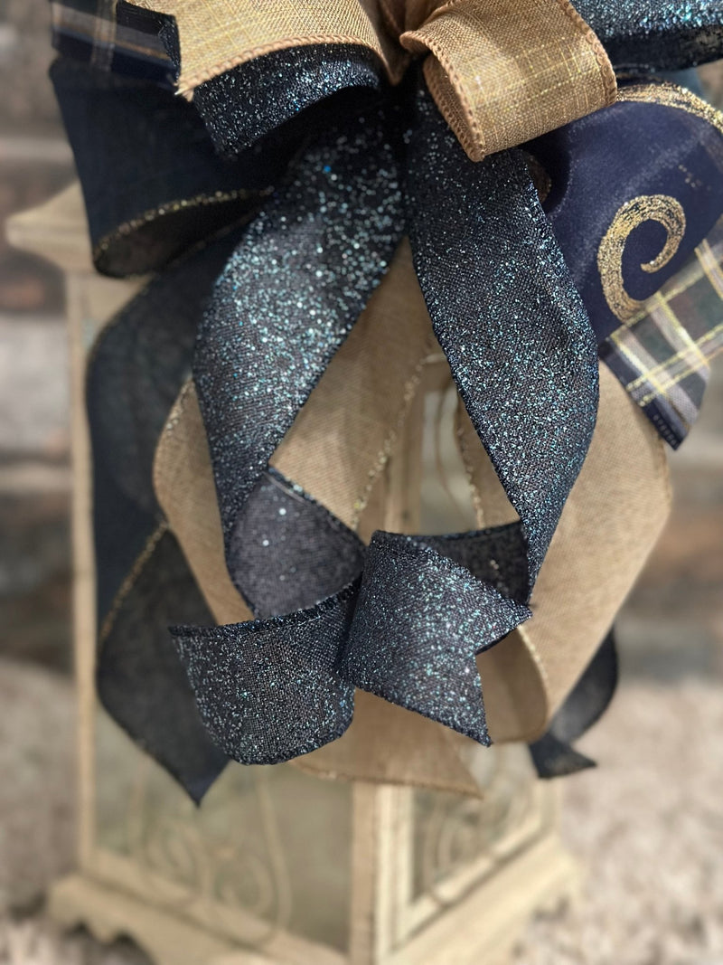 Navy Blue & Gold Christmas Lantern Bow - Emerald's Avenue