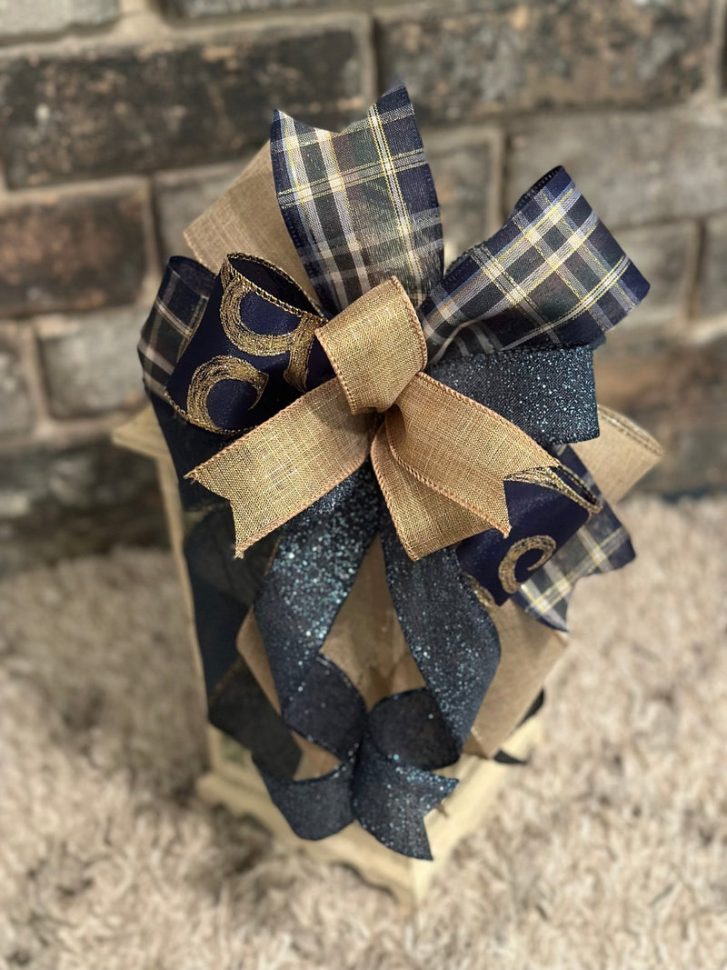 Navy Blue & Gold Christmas Lantern Bow - Emerald's Avenue