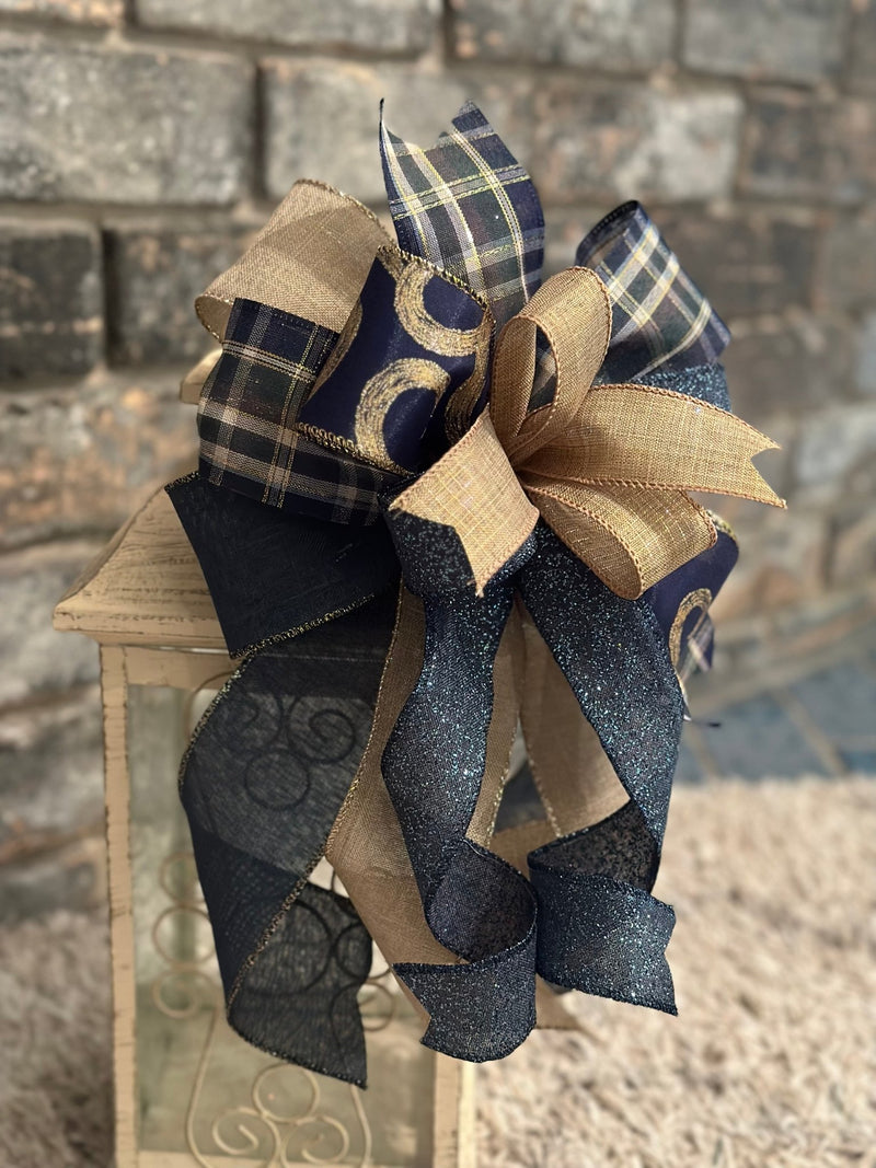 Navy Blue & Gold Christmas Lantern Bow - Emerald's Avenue