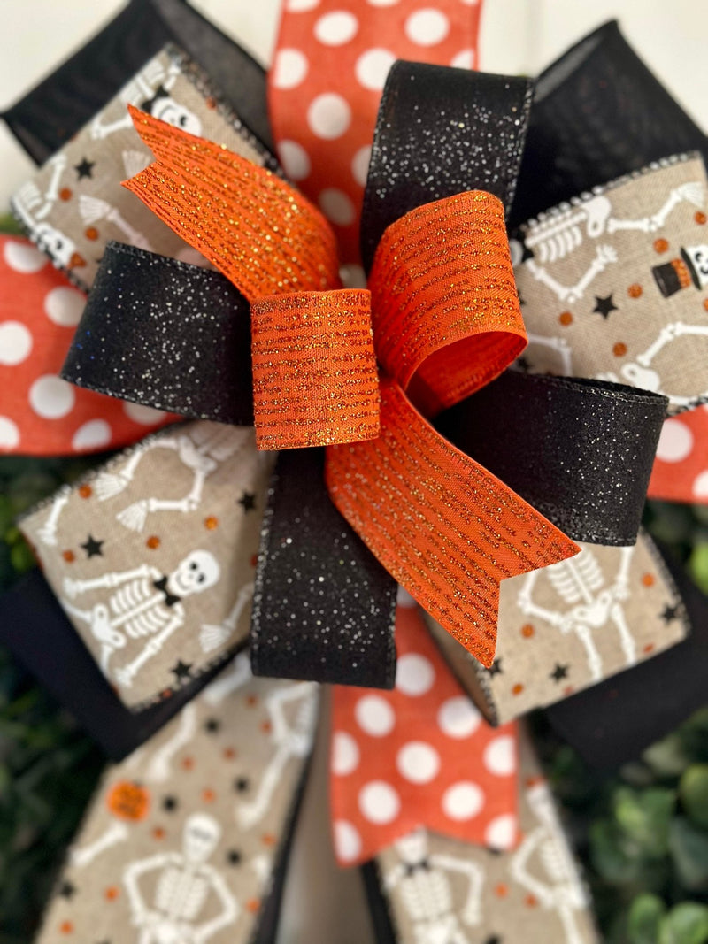 Orange, Black & White Skeletons Halloween Bow - Emerald's Avenue