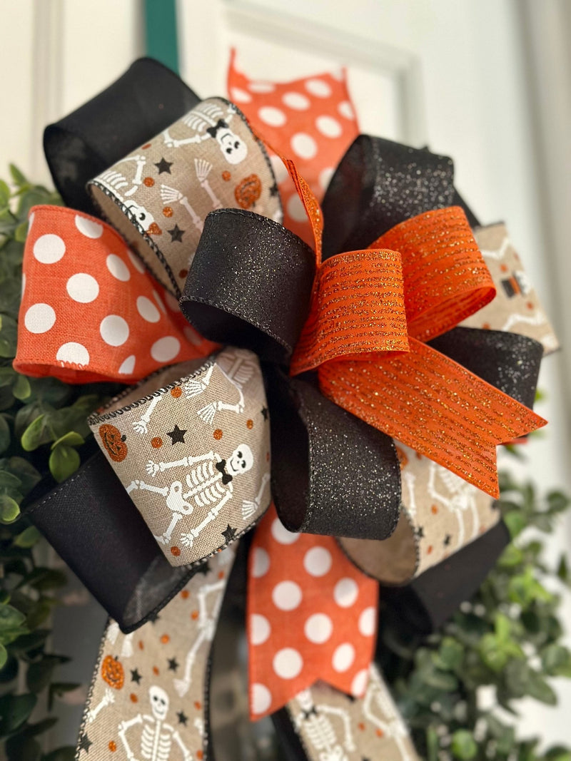 Orange, Black & White Skeletons Halloween Bow - Emerald's Avenue