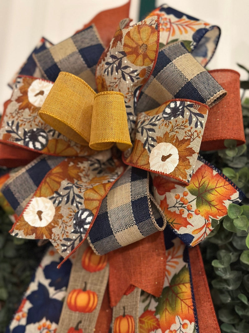 Orange, Gold & Navy Blue Fall Bow - Emerald's Avenue